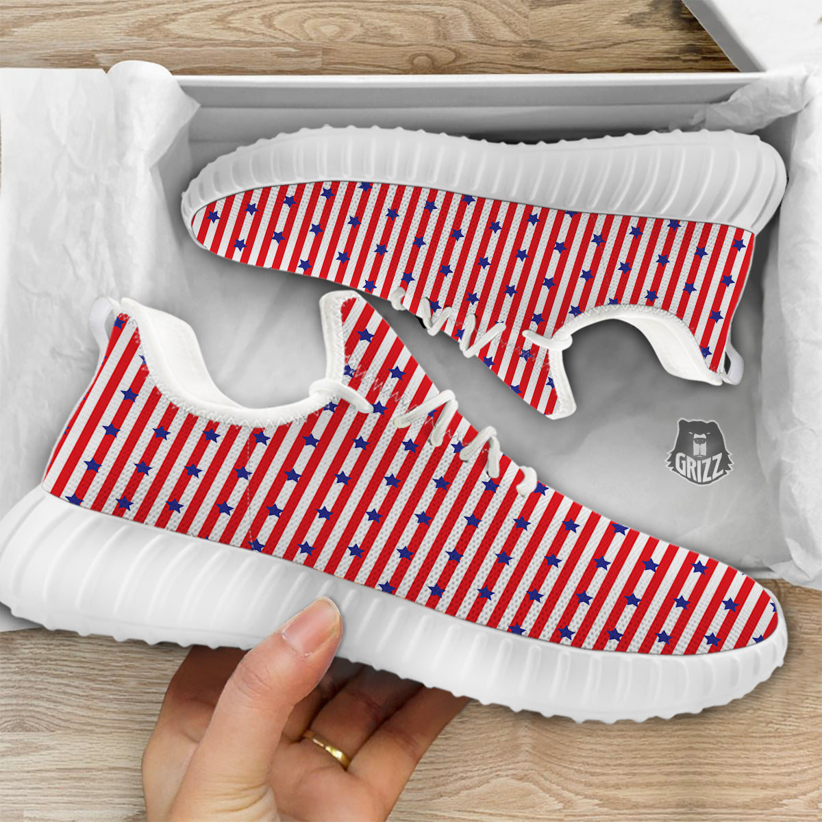 Striped USA Patriotic Print Pattern White Walking Shoes-grizzshop