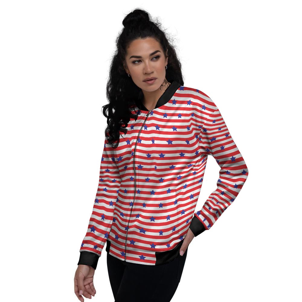 Striped USA Patriotic Print Pattern Women's Bomber Jacket-grizzshop