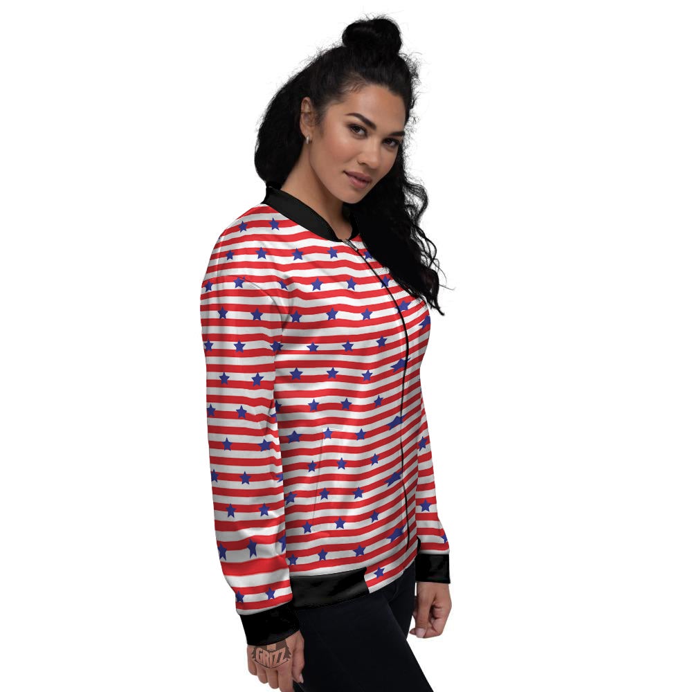 Striped USA Patriotic Print Pattern Women's Bomber Jacket-grizzshop