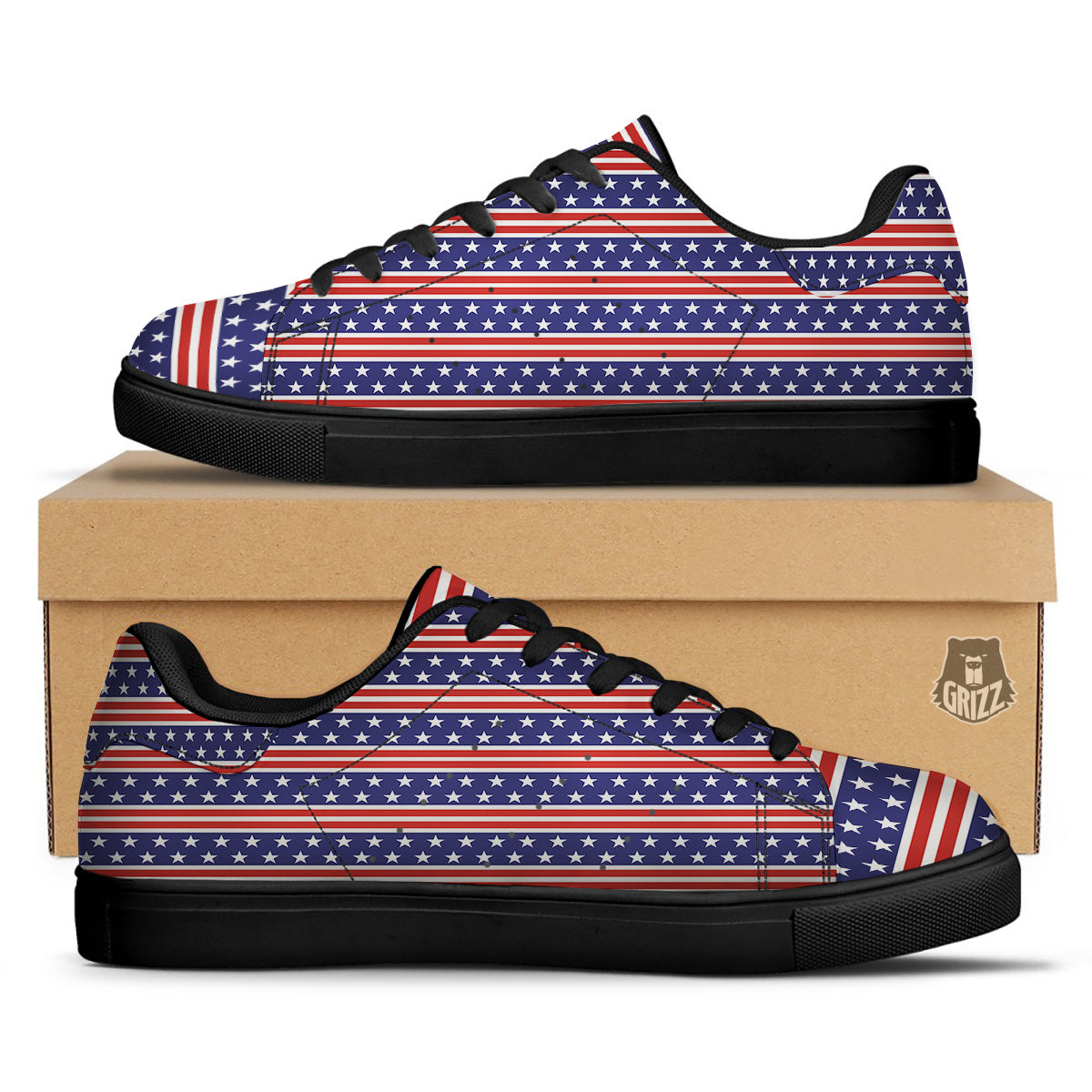 Striped USA Print Pattern Black Low Top Sneakers-grizzshop