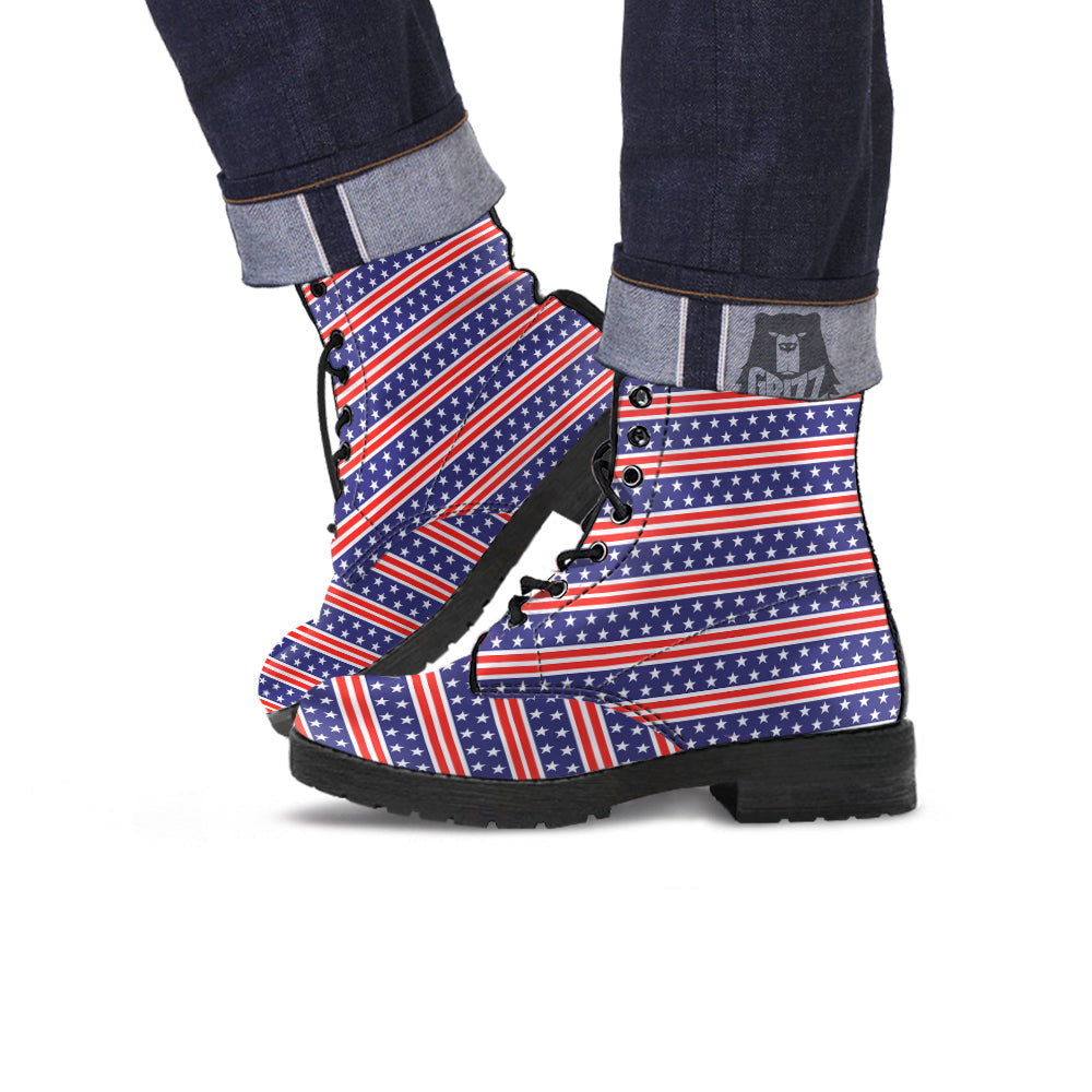 Striped USA Print Pattern Leather Boots-grizzshop