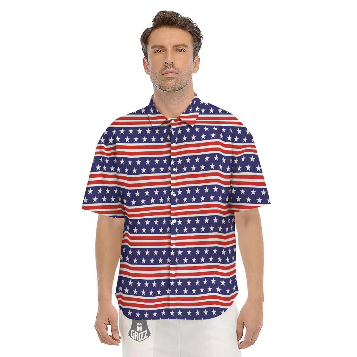 Striped USA Print Pattern Men's Short Sleeve Shirts-grizzshop