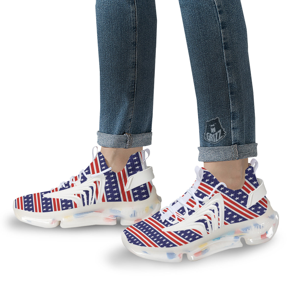 Striped USA Print Pattern White Gym Shoes-grizzshop