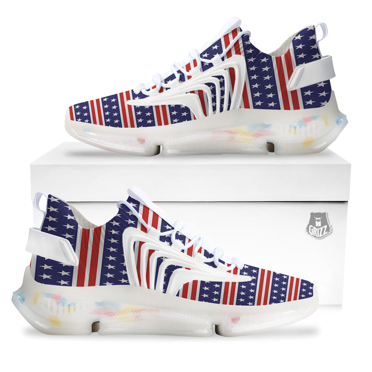 Striped USA Print Pattern White Gym Shoes-grizzshop