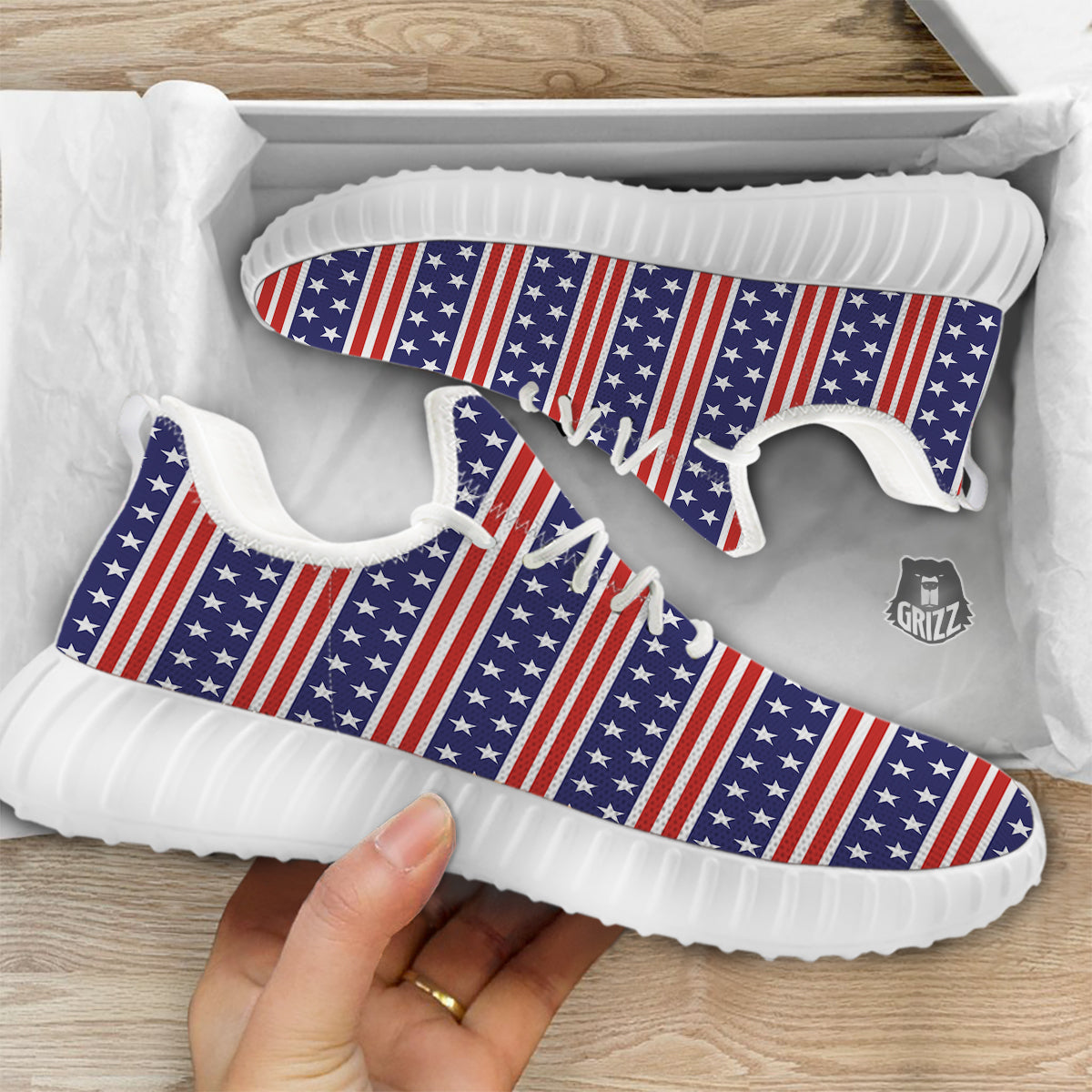 Striped USA Print Pattern White Walking Shoes-grizzshop