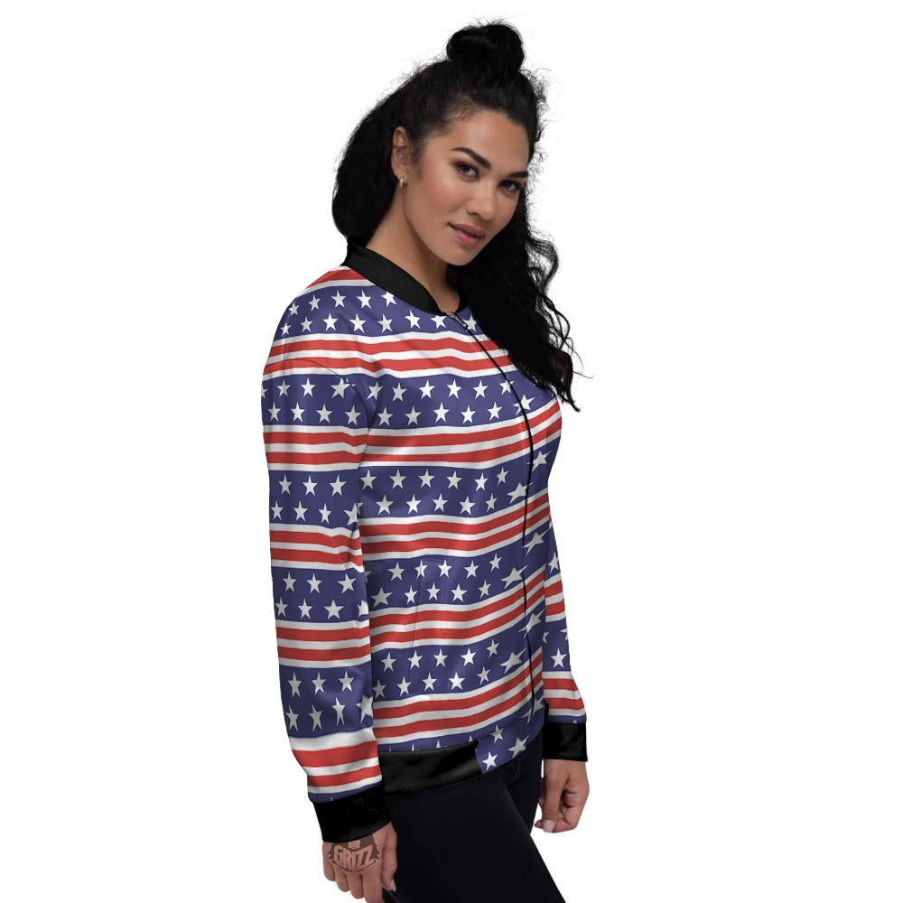 Striped USA Print Pattern Women's Bomber Jacket-grizzshop