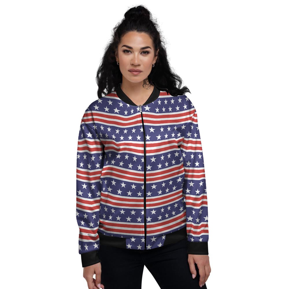 Striped USA Print Pattern Women's Bomber Jacket-grizzshop