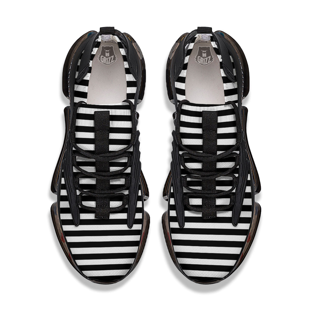 Striped White And Black Print Pattern Black Gym Shoes-grizzshop