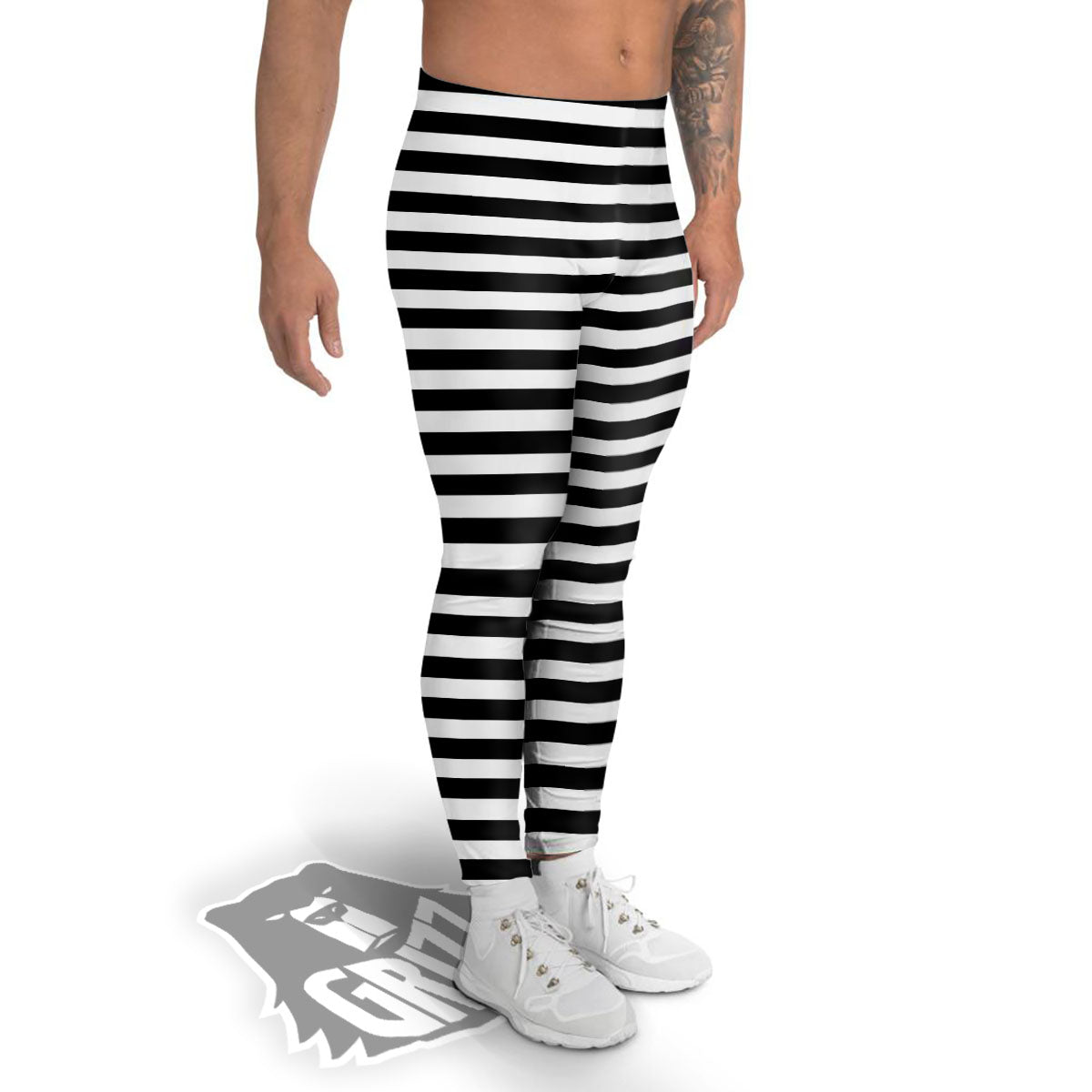 Striped White And Black Print Pattern Men's Leggings-grizzshop