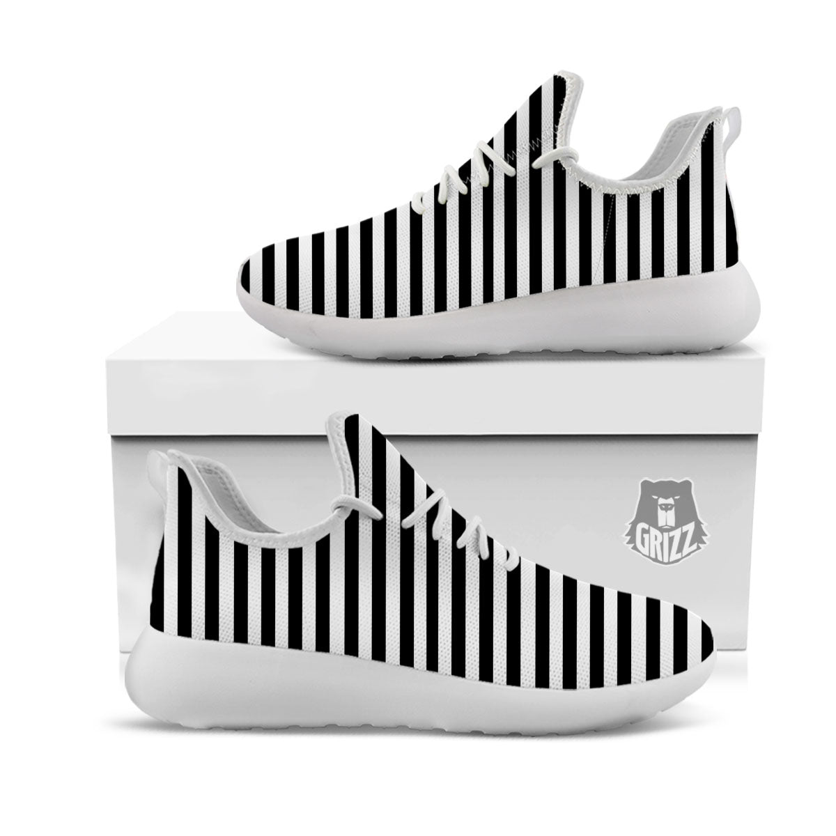 Striped White And Black Print Pattern White Athletic Shoes-grizzshop