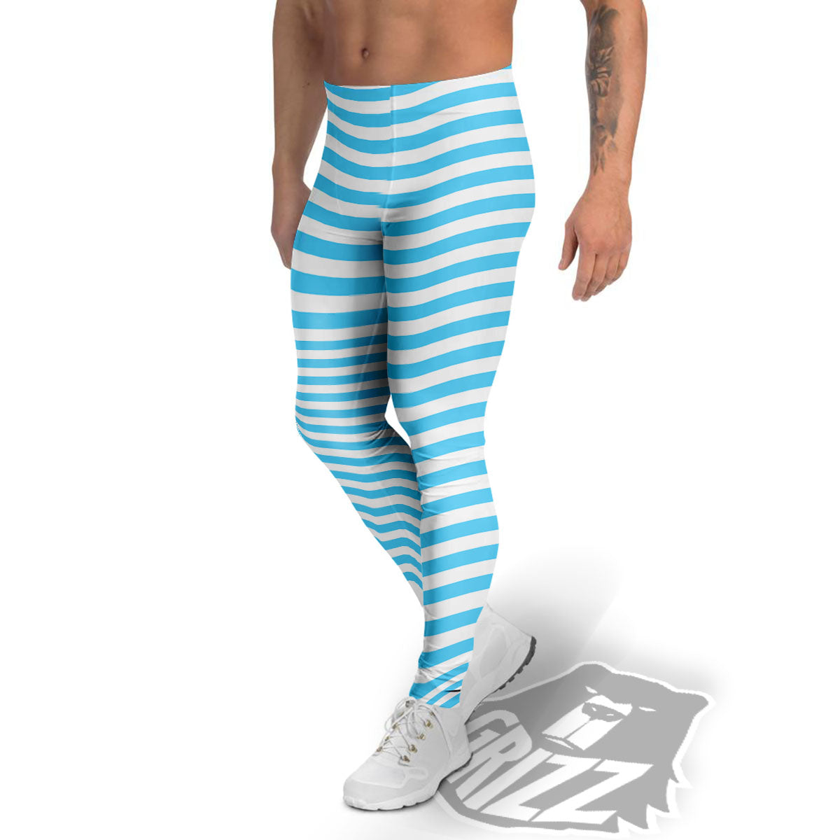 Striped White And Blue Print Pattern Men's Leggings-grizzshop