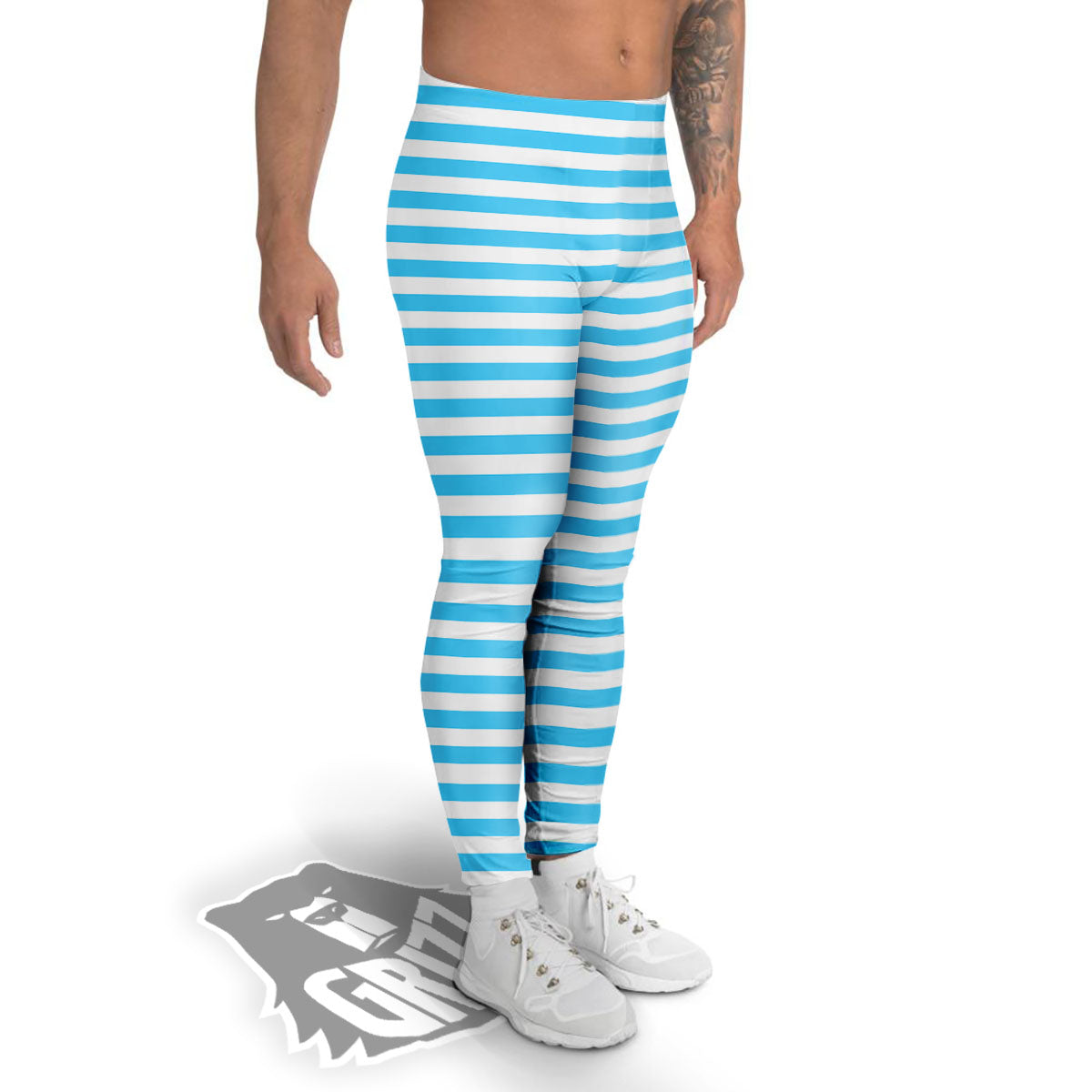 Striped White And Blue Print Pattern Men's Leggings-grizzshop