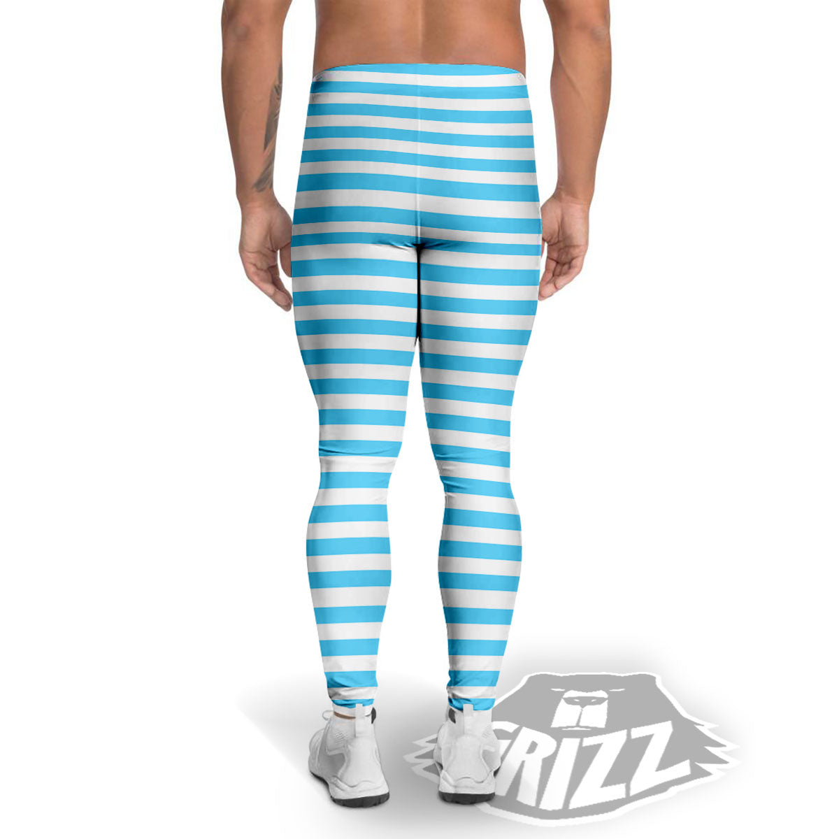 Striped White And Blue Print Pattern Men's Leggings-grizzshop
