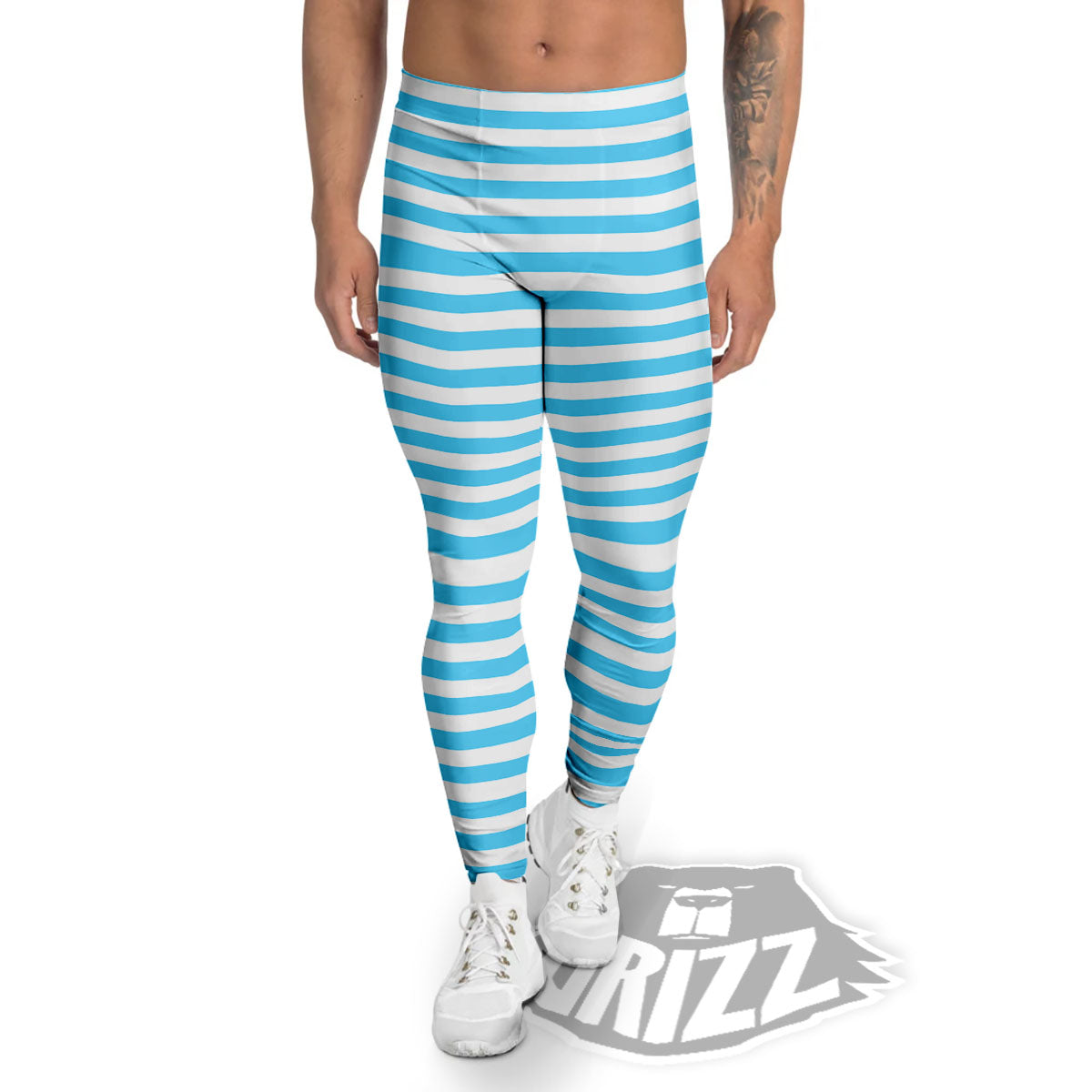 Striped White And Blue Print Pattern Men's Leggings-grizzshop