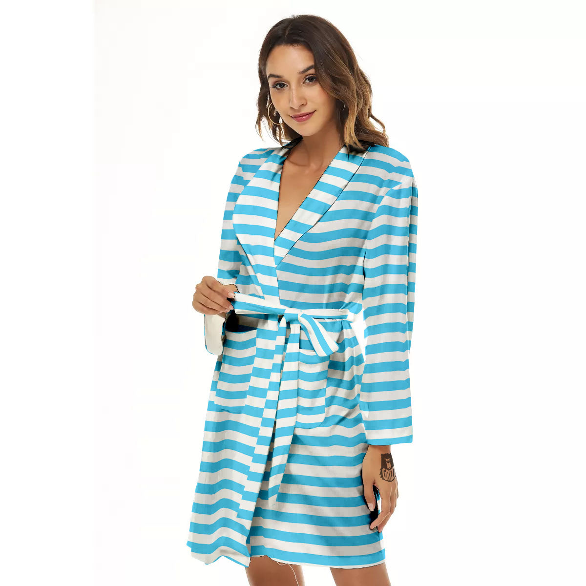 Striped White And Blue Print Pattern Women's Robe-grizzshop
