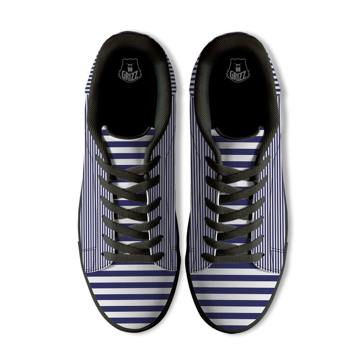 Striped White And Navy Print Pattern Black Low Top Sneakers-grizzshop