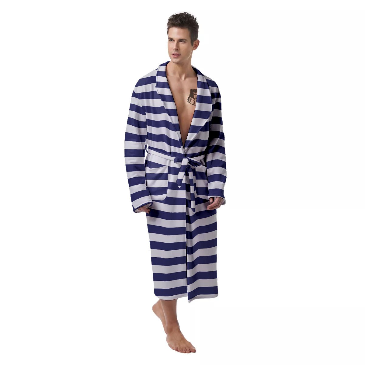 Striped White And Navy Print Pattern Men's Robe-grizzshop