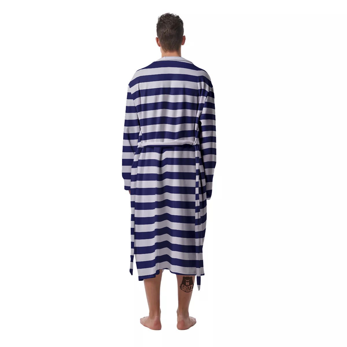 Striped White And Navy Print Pattern Men's Robe-grizzshop