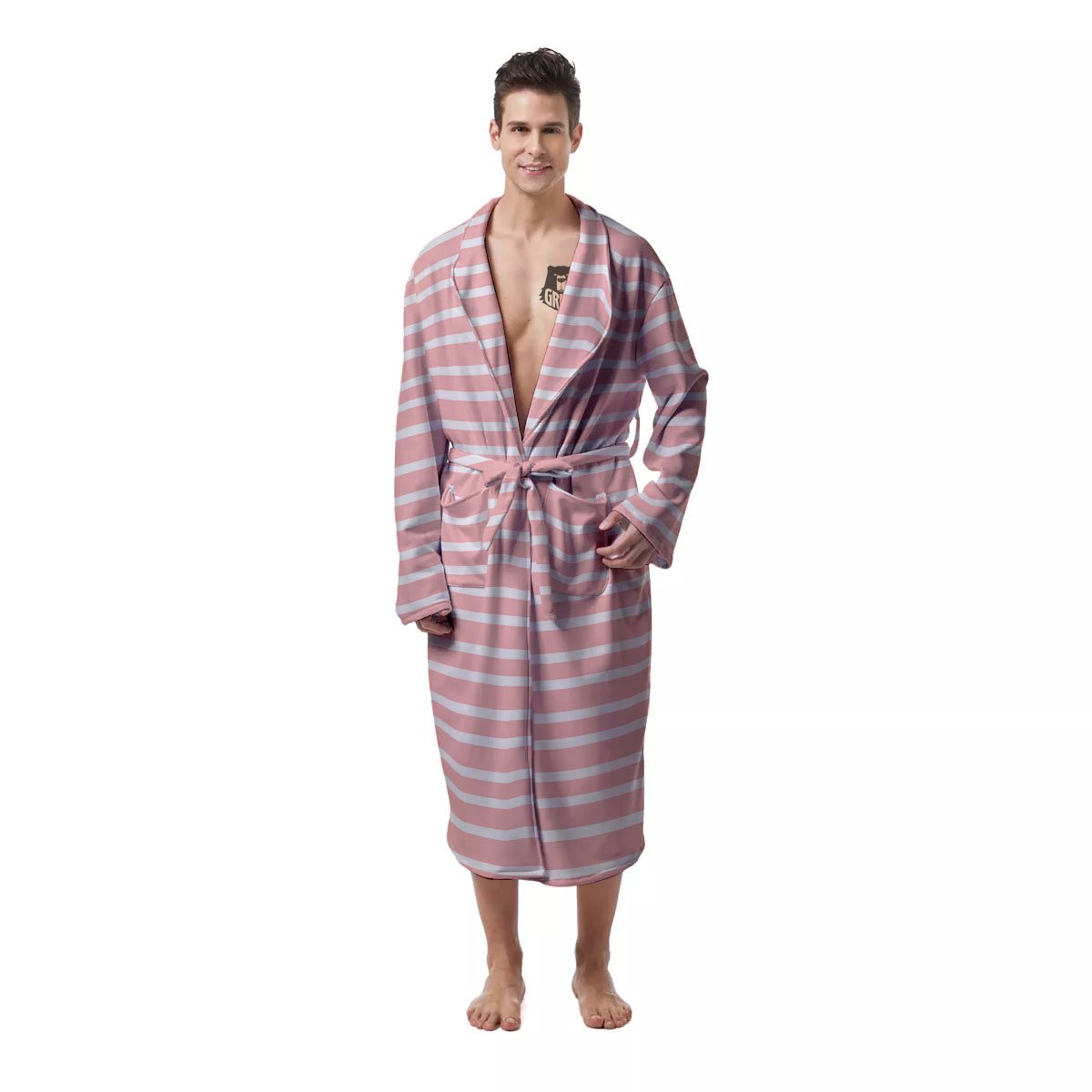 Striped White And Pink Print Pattern Men's Robe-grizzshop