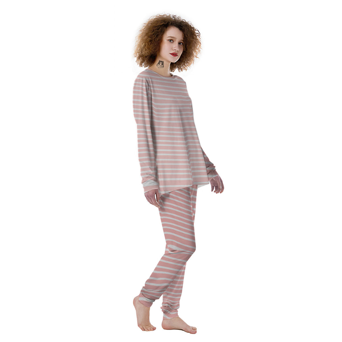 Striped White And Pink Print Pattern Women's Pajamas-grizzshop
