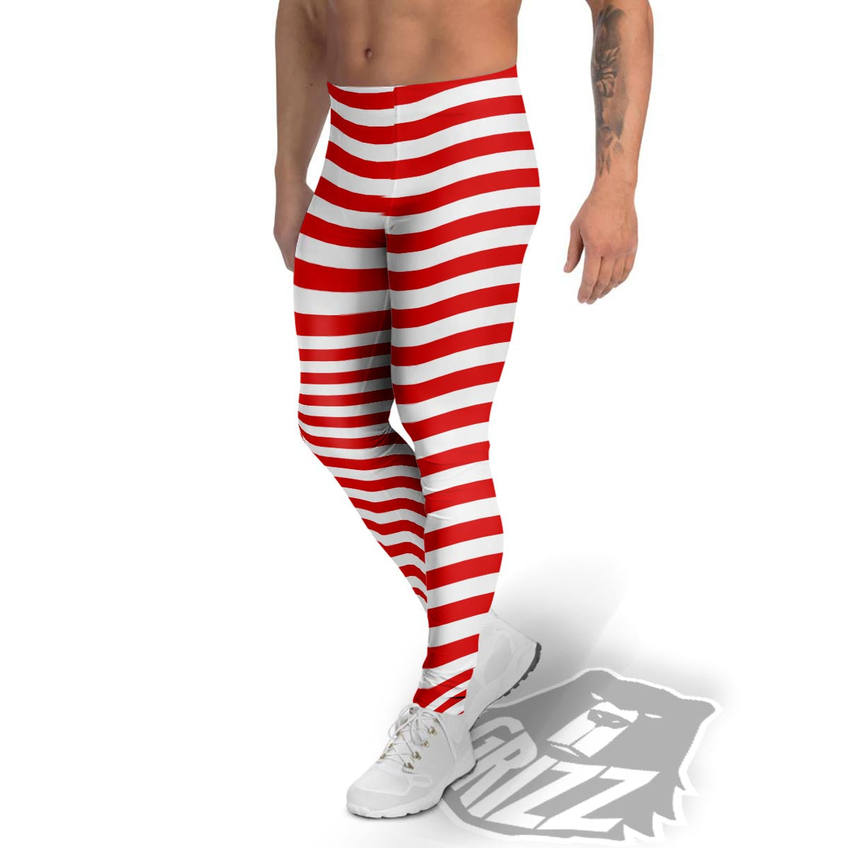 Striped White And Red Print Pattern Men's Leggings-grizzshop