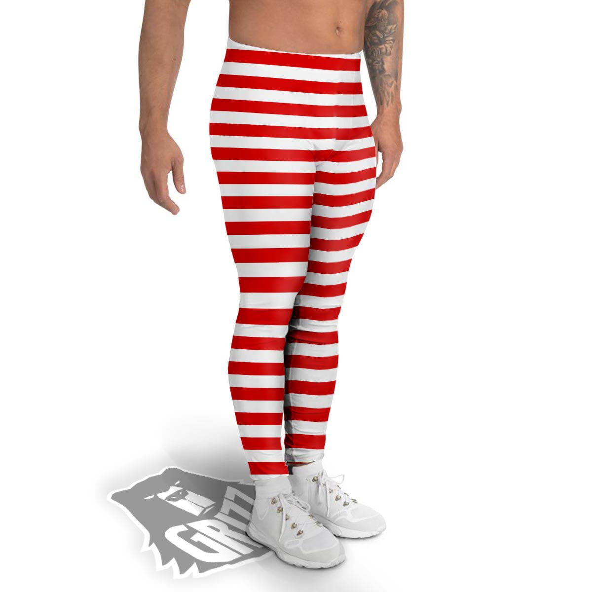 Striped White And Red Print Pattern Men's Leggings-grizzshop