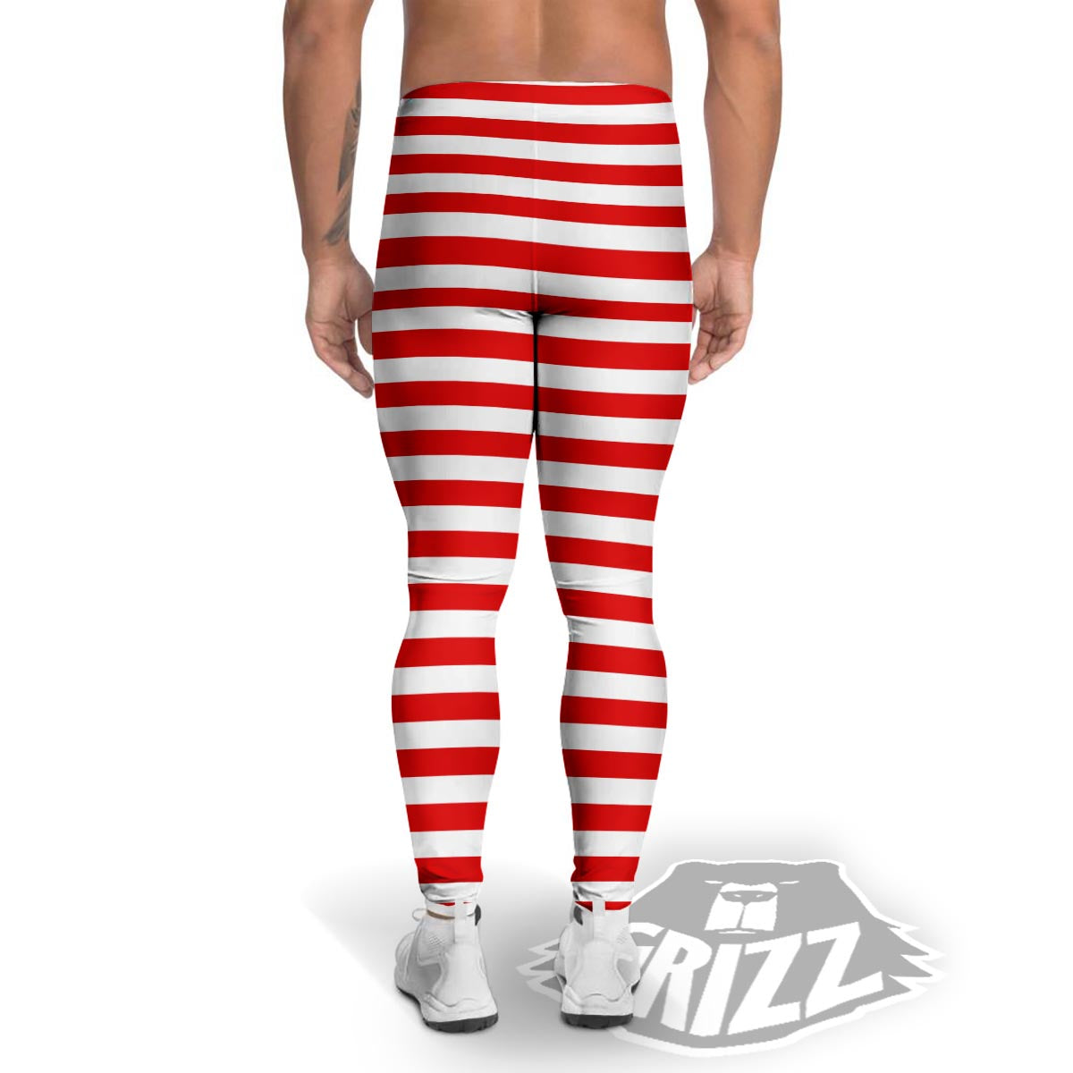 Striped White And Red Print Pattern Men's Leggings-grizzshop