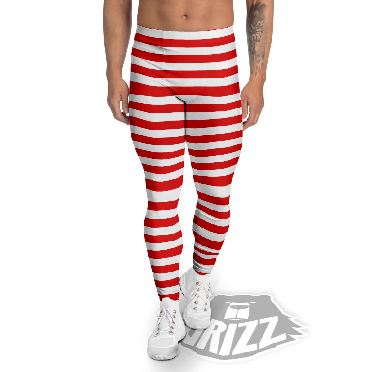 Striped White And Red Print Pattern Men's Leggings-grizzshop