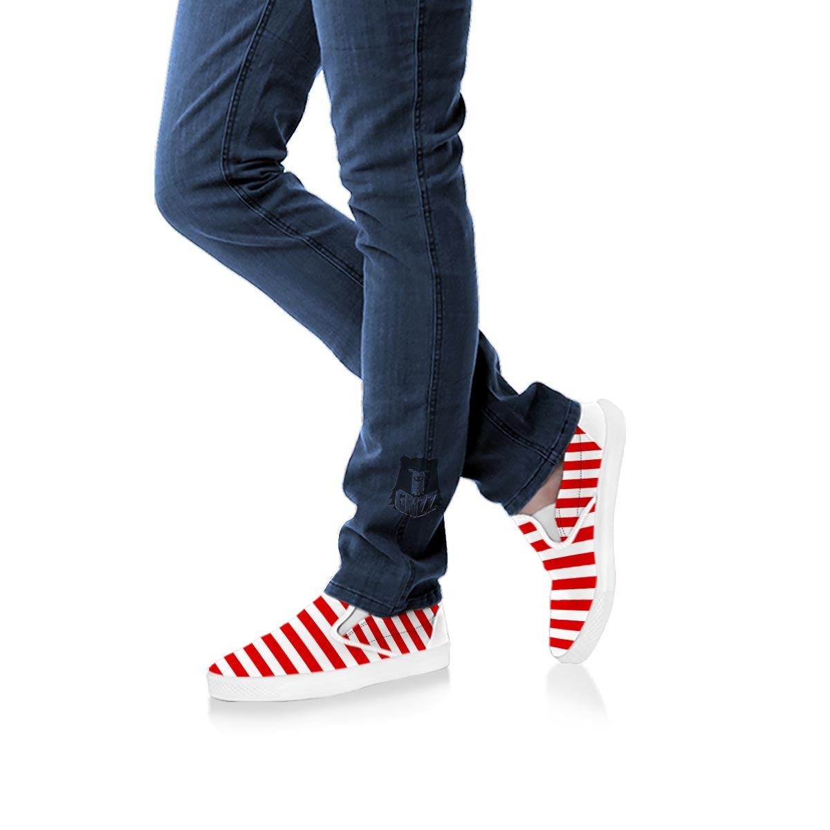 Striped White And Red Print Pattern White Slip On Shoes-grizzshop