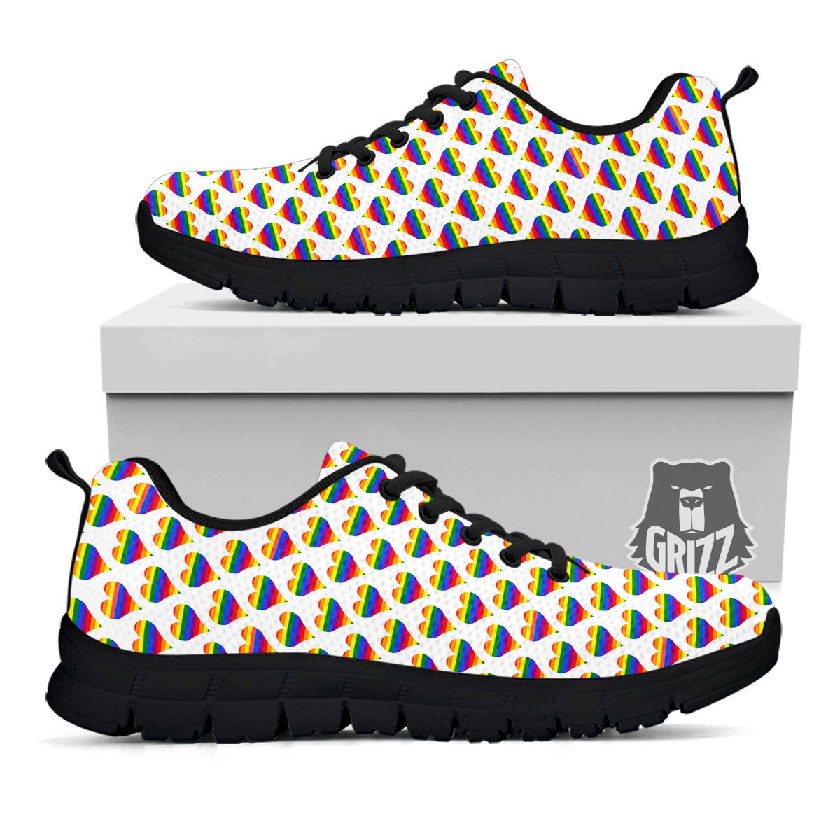 Striped White Heart On LGBT Pride Print Pattern Black Sneaker-grizzshop