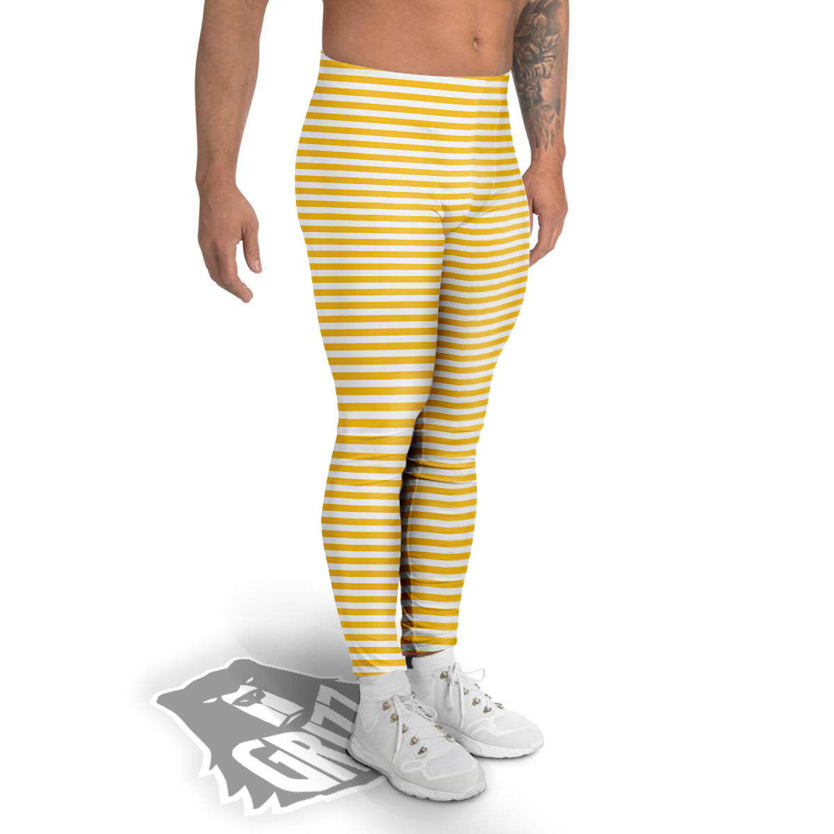 Striped Yellow And White Print Pattern Men's Leggings-grizzshop