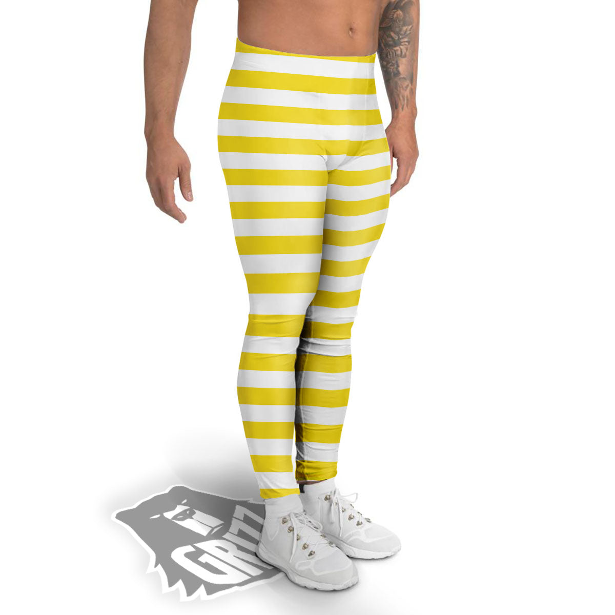 Striped Yellow Print Pattern Men's Leggings-grizzshop