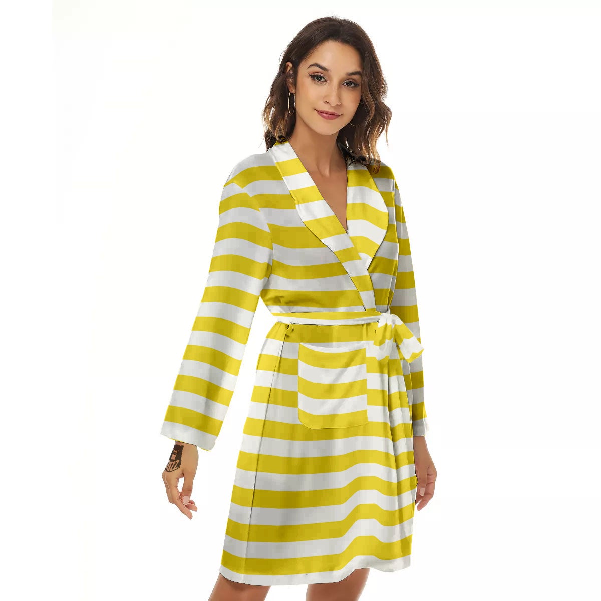 Striped Yellow Print Pattern Women's Robe-grizzshop