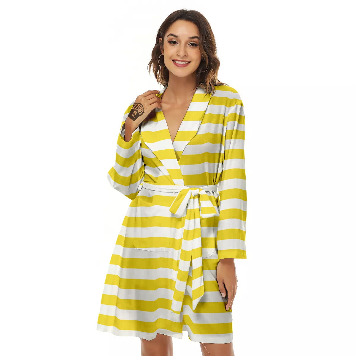 Striped Yellow Print Pattern Women's Robe-grizzshop
