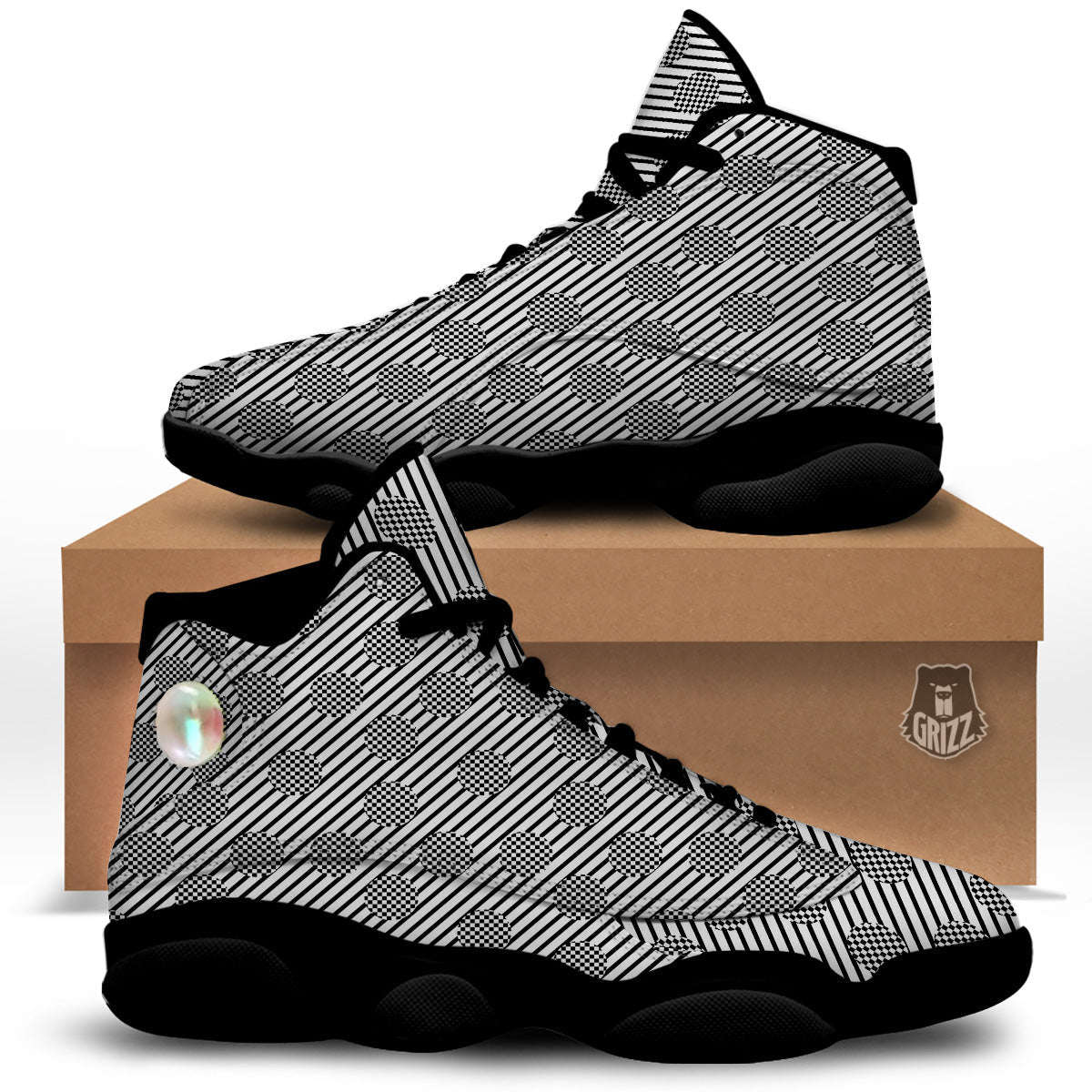 Stripes And Checkered Polka Dots Print Pattern Black Basketball Shoes-grizzshop