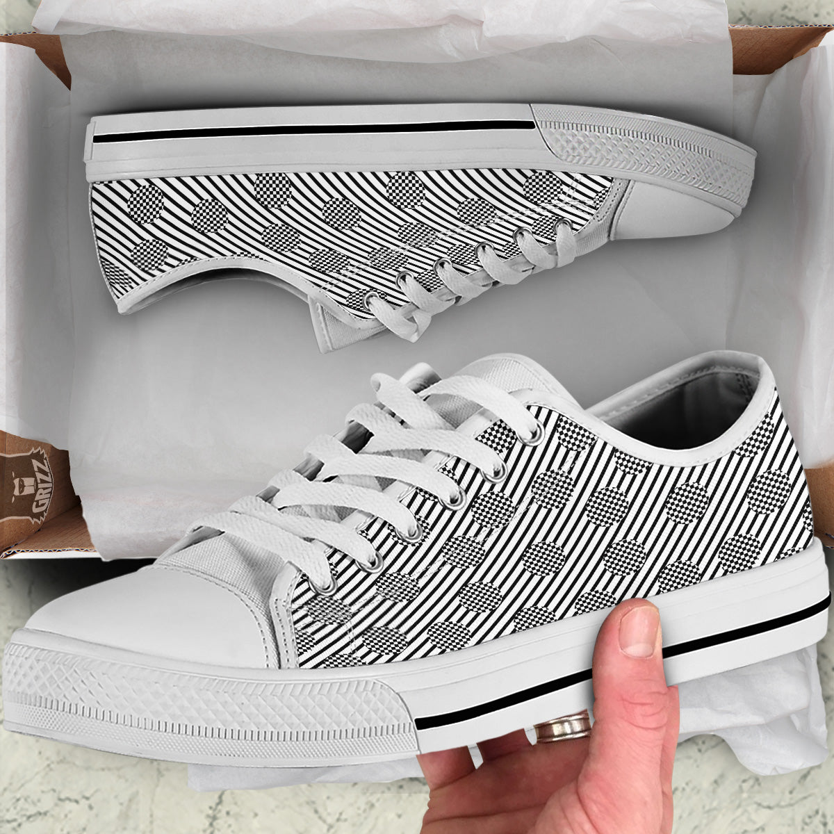 Stripes And Checkered Polka Dots Print Pattern White Low Top Shoes-grizzshop