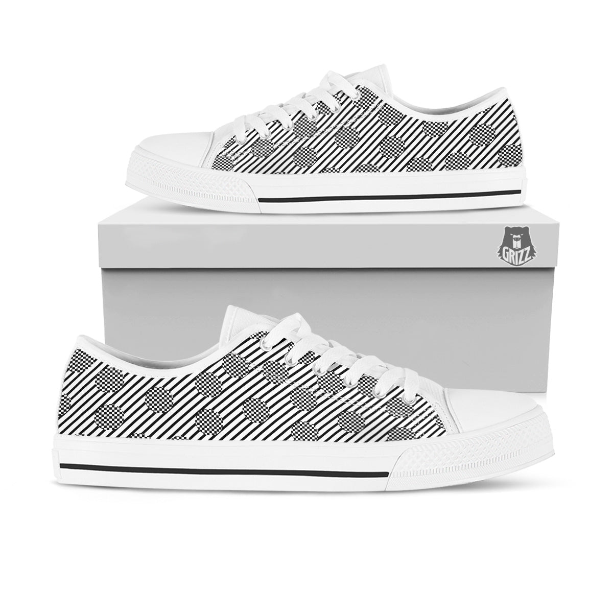 Stripes And Checkered Polka Dots Print Pattern White Low Top Shoes-grizzshop