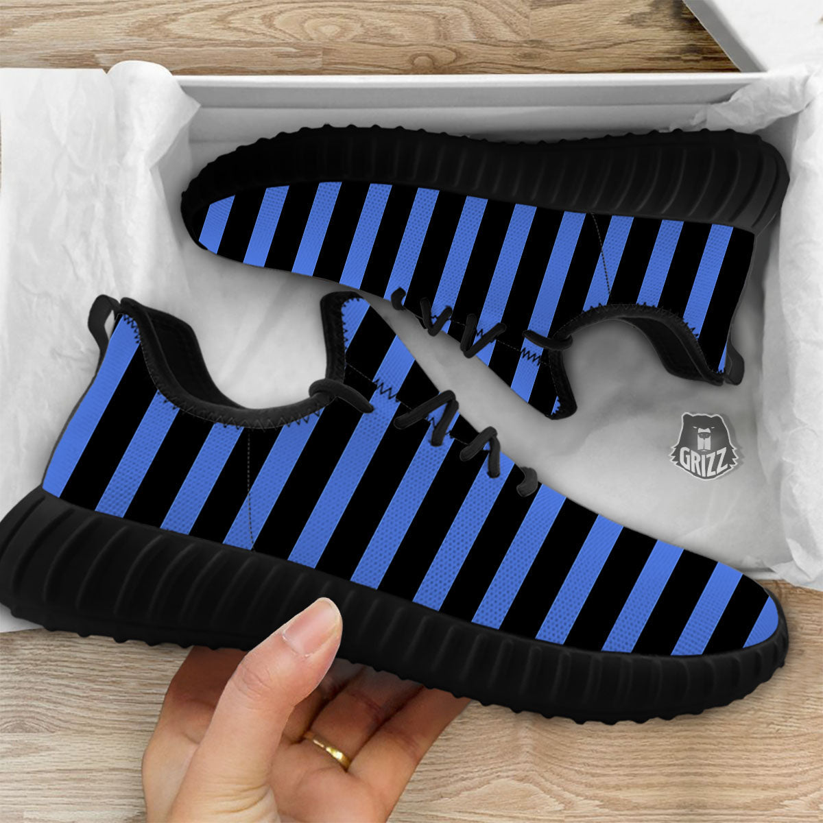 Stripes Black And Blue Print Pattern Black Walking Shoes-grizzshop