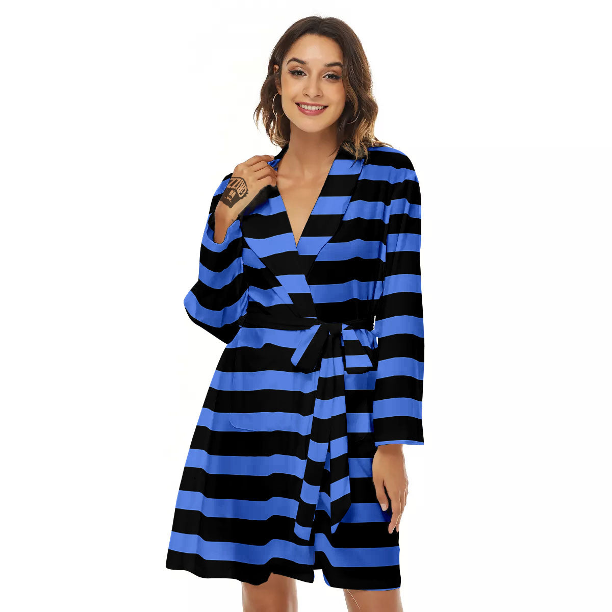 Stripes Black And Blue Print Pattern Women's Robe-grizzshop