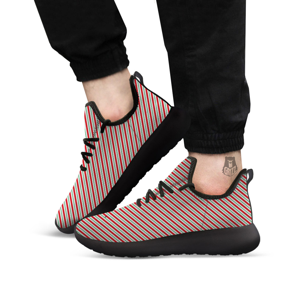 Stripes Candy Cane Print Pattern Black Athletic Shoes-grizzshop