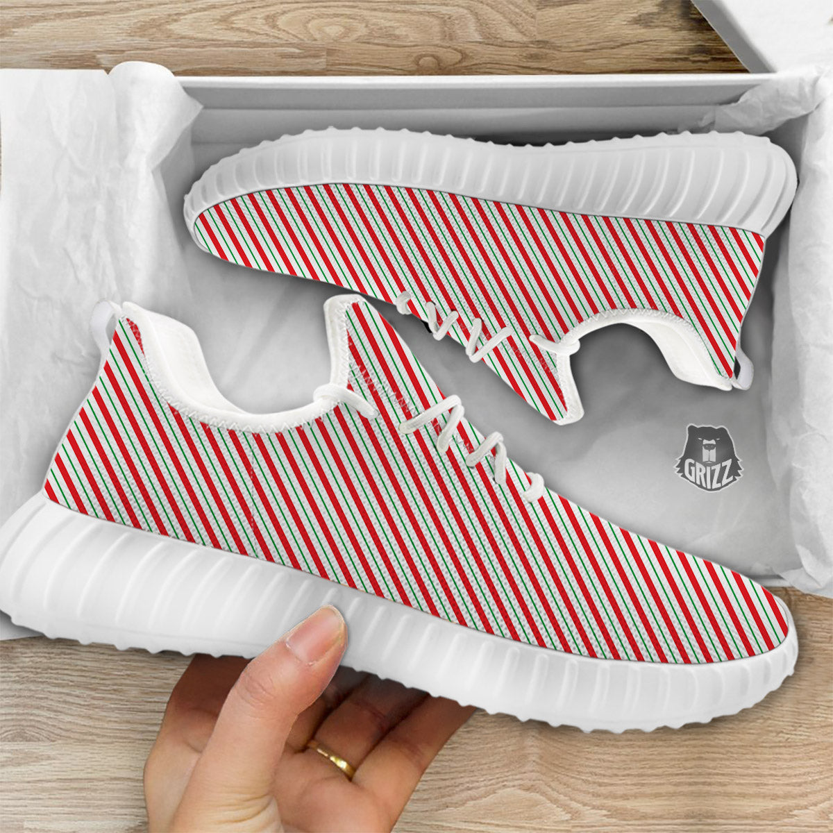 Stripes Candy Cane Print Pattern White Walking Shoes-grizzshop