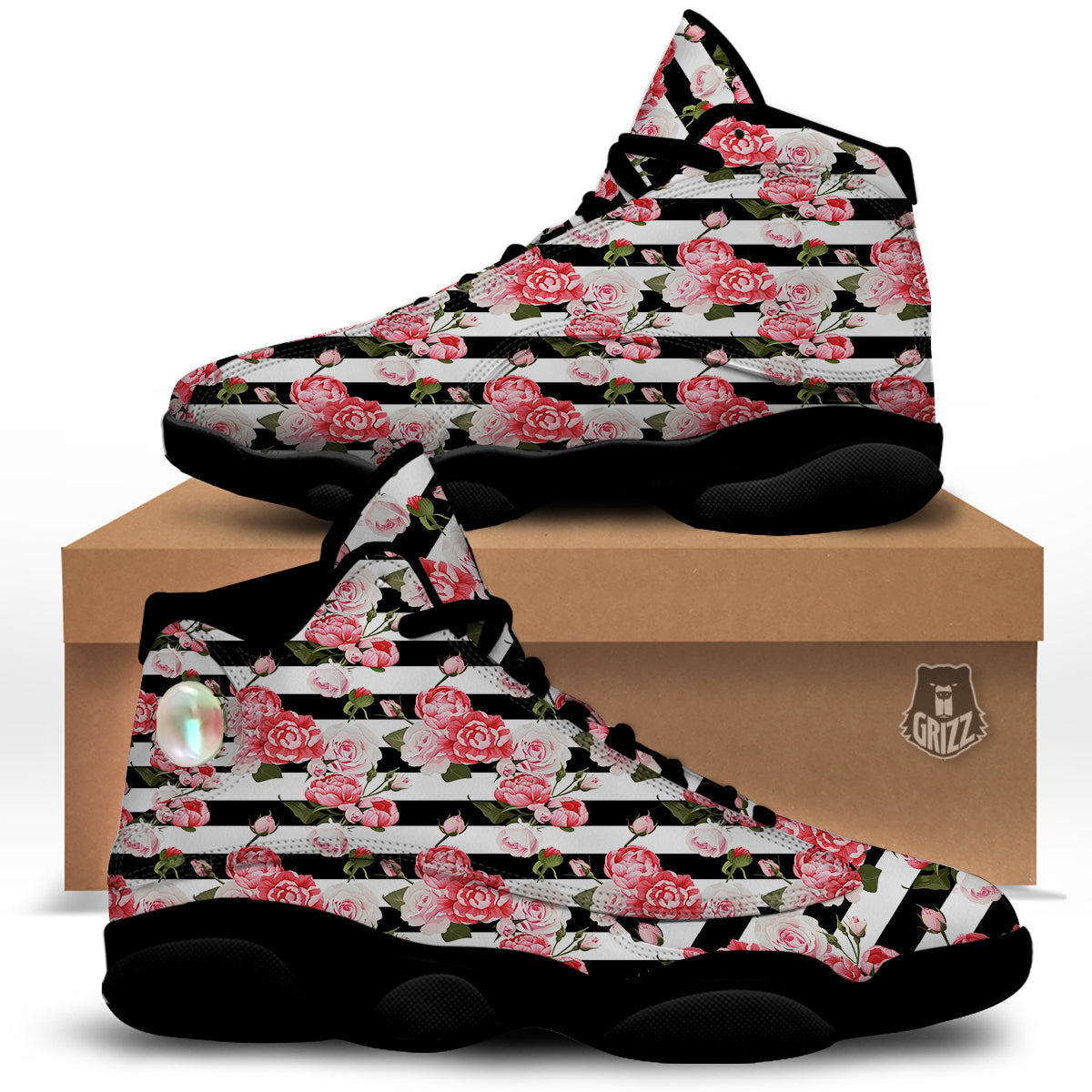 Stripes Peony And Roses Print Pattern Black Basketball Shoes-grizzshop