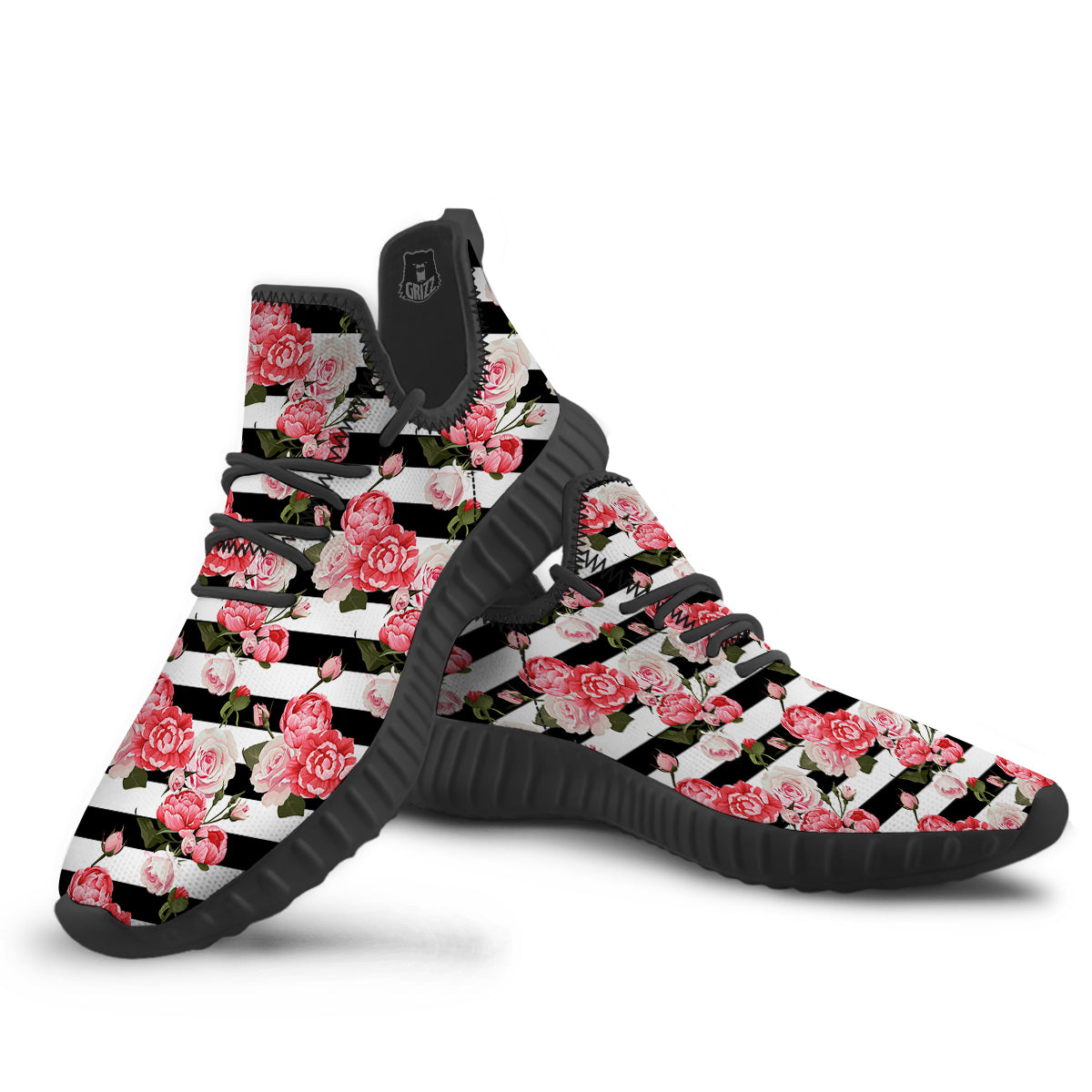 Stripes Peony And Roses Print Pattern Black Walking Shoes-grizzshop