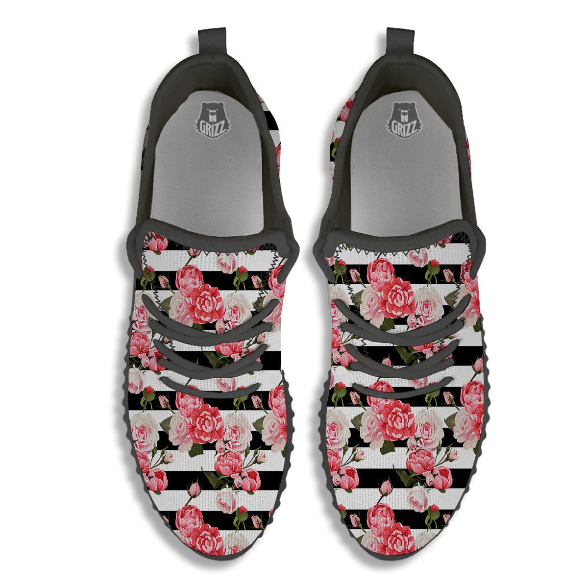 Stripes Peony And Roses Print Pattern Black Walking Shoes-grizzshop