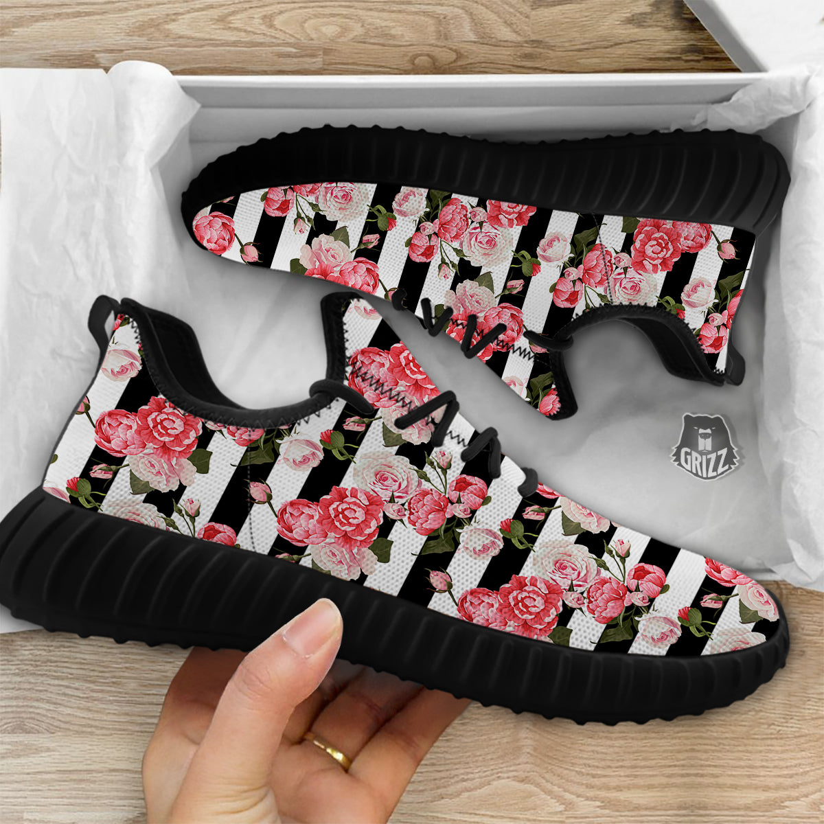 Stripes Peony And Roses Print Pattern Black Walking Shoes-grizzshop
