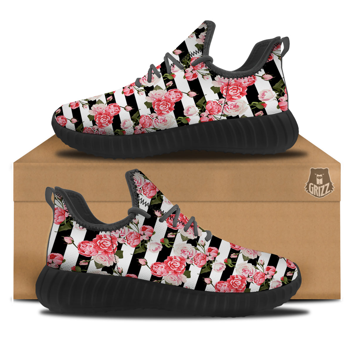 Stripes Peony And Roses Print Pattern Black Walking Shoes-grizzshop