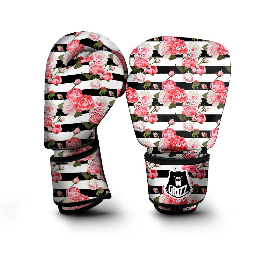Stripes Peony And Roses Print Pattern Boxing Gloves-grizzshop