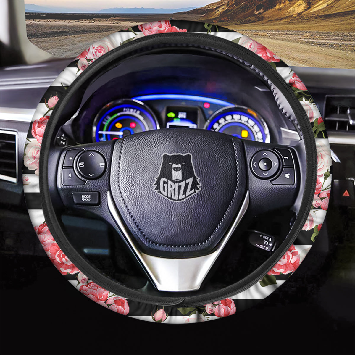 Stripes Peony And Roses Print Pattern Car Steering Wheel Cover-grizzshop