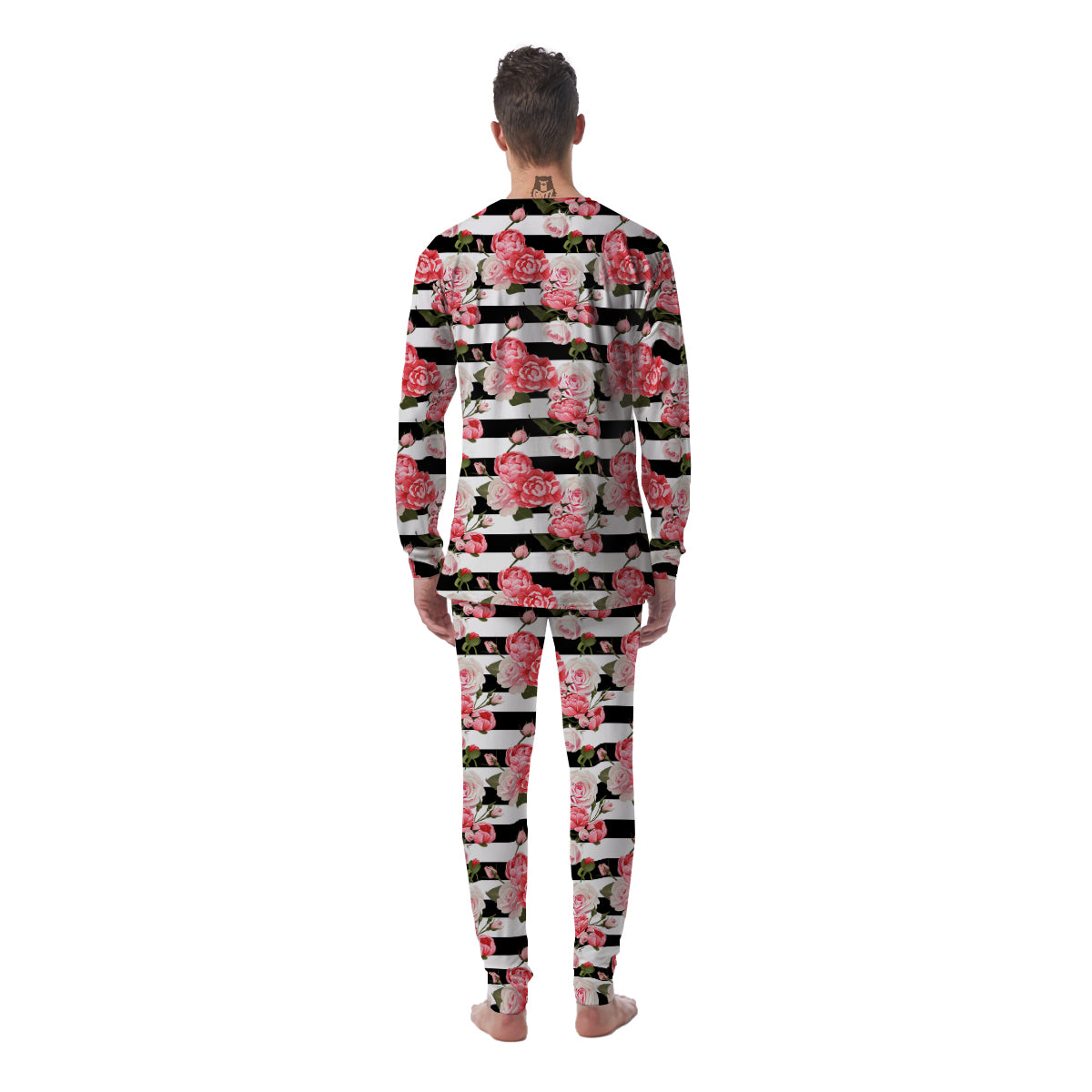 Stripes Peony And Roses Print Pattern Men's Pajamas-grizzshop