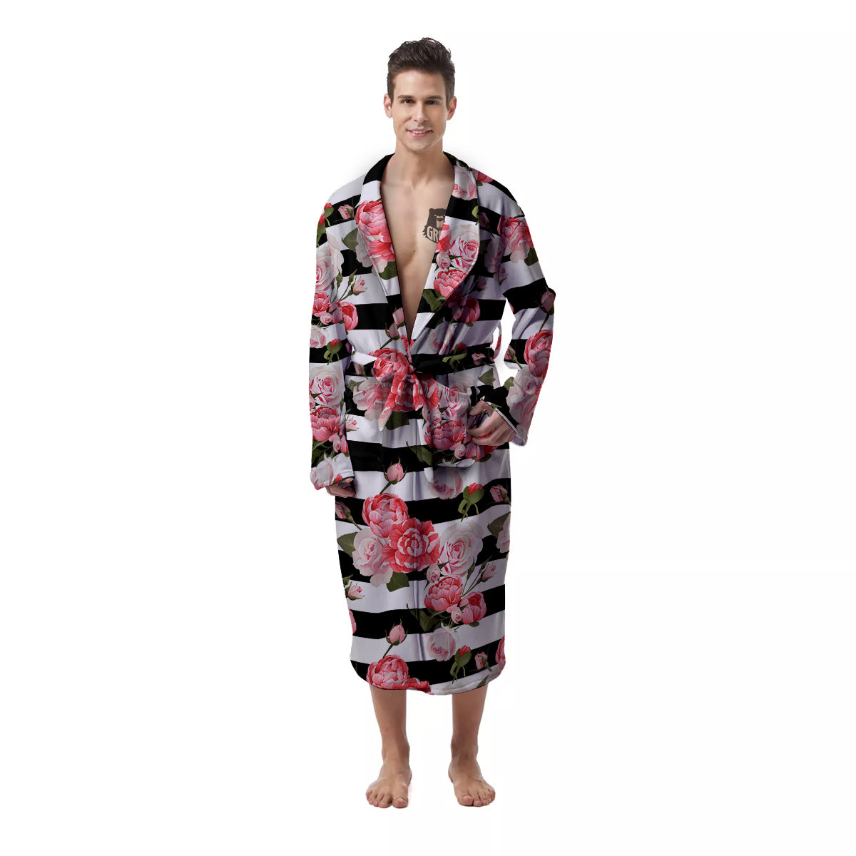 Stripes Peony And Roses Print Pattern Men's Robe